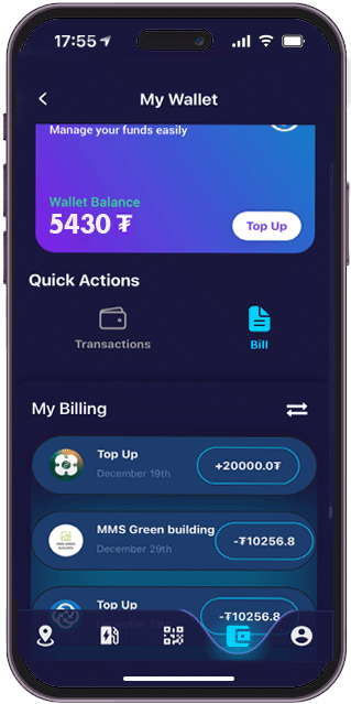 8. Minimum balance, 5000 MNT, start charging, wallet
